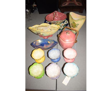 A set of six Maling ceramic grapefruit bowls in various colours; together with a basket; a 'Storm' pattern bowl; a lustre bis