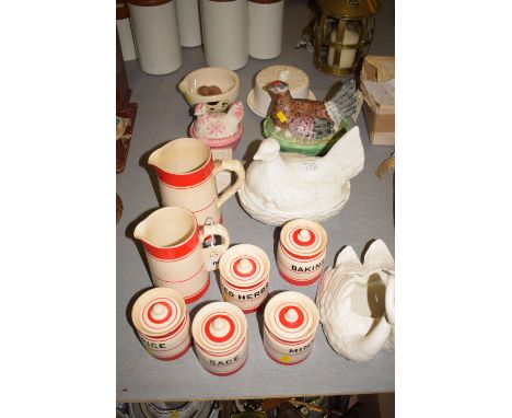 A collection of five small Price Bros. kitchen storage jars, inscribed 'Spice', 'Sage', 'Mint', 'Baking Powder' and 'Mixed He