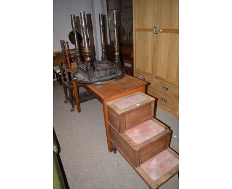 A 19th Century commode in the form of library steps; together with an oak table; an oak tea trolley; a bedroom chair; and a r