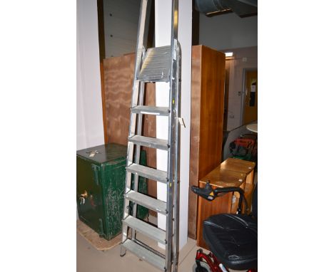 A seven-tread folding aluminium step ladder.