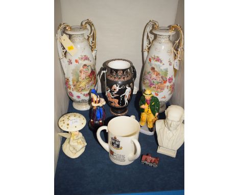 A pair of 19th Century Continental ceramic vases, decorated scenes depicting courting couples and foliate panels, with ornate