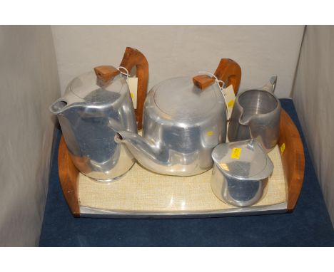 A five-piece Picquot aluminium tea service, comprising: teapot, water jug, sugar bowl, cream jug and tray.