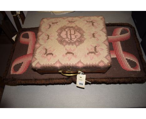 A rectangular footstool with hand-worked tapestry upholstery and inlaid veneered sides; together with two modern tapestry foo