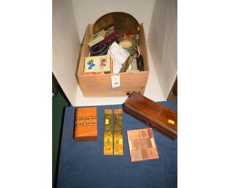 A 19th Century small rectangular rosewood veneered box; an inlaid card box; sets of playing cards; various puzzles; games; br