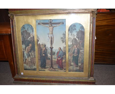 A colour print - the Crucifixion of Christ, in ornate painted frame.