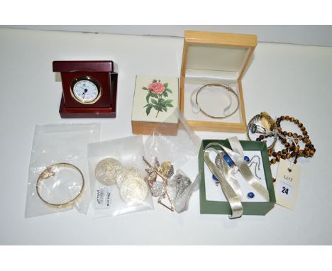 A tiger's eye necklace; a quantity of opal, triplet and other opal style jewellery; and various items of jewellery; commemora