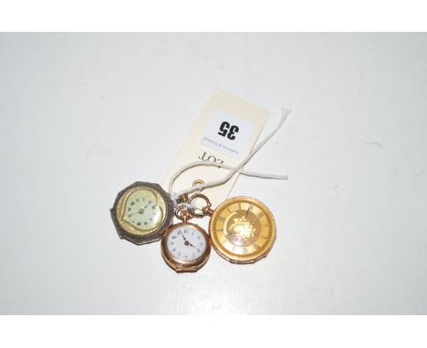 A 14ct. yellow gold fob watch with gilt roman dial; together with a 14ct. yellow gold cased fob watch with enamel decorated f