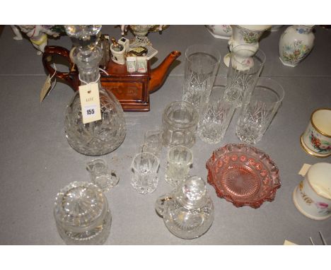 A novelty teapot; a decanter; four cut glass tumblers; together with miscellaneous cut and moulded glassware.