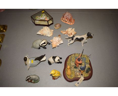 A hand-painted cast resin group depicting grouse shooting scene; a collection of ceramic ornaments by Beswick, Goebel and oth