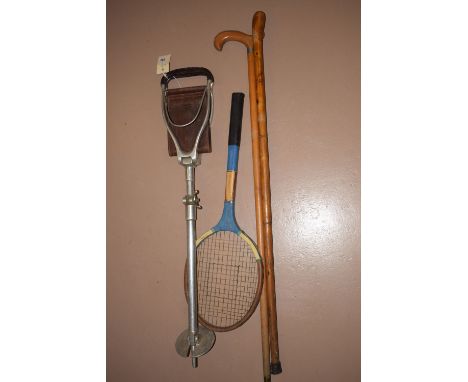 Swaine-Brigg 'Shotover' shooting stick leather seat; together with an old tennis racket; and two walking sticks.