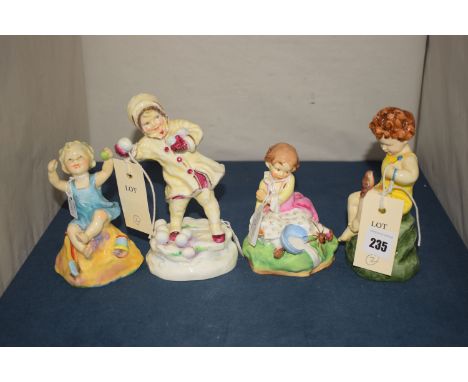 Four Royal Worcester ceramic ornaments, titled 'Friday's Child', 'Little Miss Muffet', 'Sabbath Day' and 'December'.
