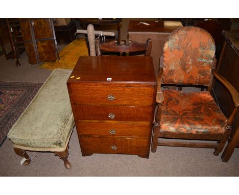 A chest of four drawers; a poss stick; a long stool; an Edwardian bedroom inlaid chair; and an early 20th Century oak nursing