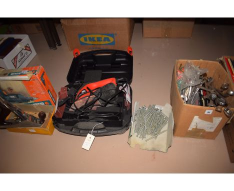 A Stanley No. 4 plane; a Black & Decker Sandstorm sander; a Black & Decker KD 400 watt electric drill; a selection of Acesa r