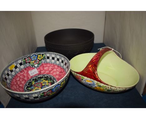 A Maling 'Peony Rose' pattern ceramic basket; a Maling pattern 6253 lustre bowl; and a Wedgwood black basalt ware fruit bowl,
