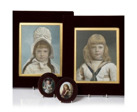 A PAIR OF LATE 19TH CENTURY RECTANGULAR CERAMIC OVER PAINTED PHOTOGRAPHIC PORTRAITS, of a young girl and boy, 24 x 19cm; and 