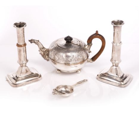 A PAIR OF SILVER PLATED TELESCOPIC CANDLESTICKS, an engraved silver plated teapot and a ladle (4)