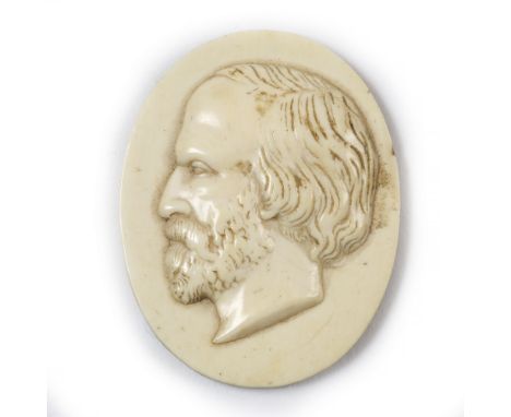 A 19TH CENTURY OVAL IVORY SILHOUETTE PORTRAIT BUST of bearded gentleman, 4.5 x 3.7cm