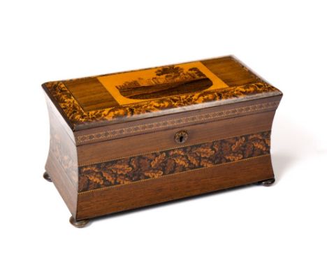 A 19TH CENTURY ROSEWOOD TUNBRIDGE WARE TEA CADDY, of slightly concave rectangular outline, the lid with a view of a castle, p