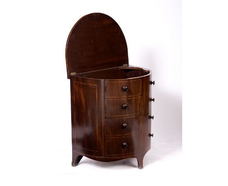 A LATE GEORGIAN MAHOGANY DEMI LUNE COMMODE with boxwood edging and eight simulated drawer fronts with turned knobs and fitted