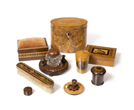 A COLLECTION OF 19TH CENTURY TUNBRIDGE WARE, comprising a rectangular card box, the lid inlaid with a spaniel, another box wi