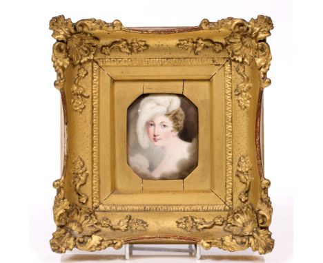 AN EARLY 19TH CENTURY MINIATURE MEMORIAL PORTRAIT of Princess Charlotte wearing Prince of Wales feathers in her hair, enamel 