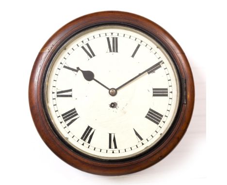 A VICTORIAN MAHOGANY CIRCULAR WALL CLOCK with white enamel dial, Roman numerals and fuseé mechanism, 30cm diameter dial