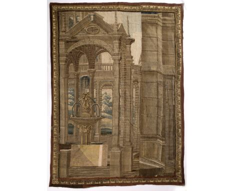 AN 18TH CENTURY FRENCH TAPESTRY PANEL depicting a formal garden and classical columns, from fragments of a larger tapestry, 2
