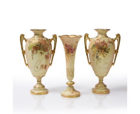 A PAIR OF ROYAL WORCESTER TWIN HANDLED BALUSTER VASES, the ivory ground painted and gilt decorated with floral sprays, No. 14