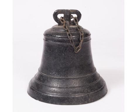 A 19TH CENTURY BELL METAL COURTYARD BELL with loop and chain support, 33cm diameter base, 35cm high Note: By repute this bell