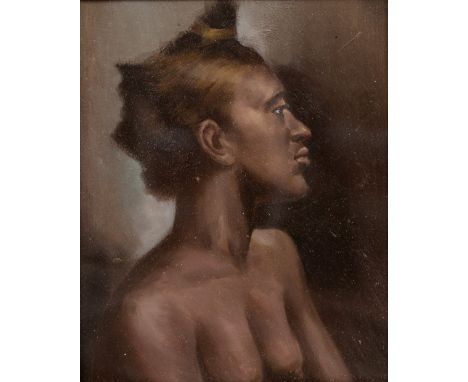 20TH CENTURY SCHOOL Portrait of a nude central African lady, half length, oil on board, 23.5 x 19cm