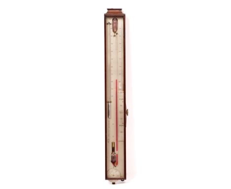 A GEORGE III MAHOGANY CASED STICK BAROMETER signed West, Fleet Street, London with steel dial and thermometer, 55cm high over