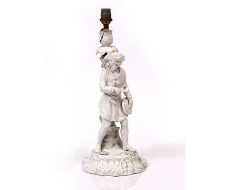 A CONTINENTAL WHITE GLAZED PORCELAIN TABLE LAMP of figural form with encrusted roses, 36cm high