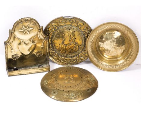 A 17TH CENTURY STYLE BRASS ALMS DISH inscribed Ralph Toft decorated with a portrait, possibly Queen Anne, 51cm diameter; toge