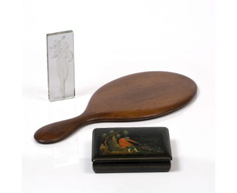 A RUSSIAN LACQUERED CHEROOT BOX with painted figure decoration, 12cm wide; a Lalique style glass panel with intaglio figure d
