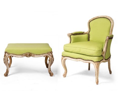 A VICTORIAN CREAM PAINTED AND GILDED RECTANGULAR DRESSING STOOL with pale green upholstery and on four cabriole legs, 69cm wi