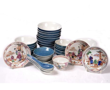 A CHINESE BLUE GLAZED PORCELAIN RICE SERVICE consisting of twenty nine pieces, an 18th Century Mandarin pattern tea bowl and 