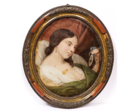 AN OVAL PORTRAIT of a girl admiring a miniature portrait, oil on canvas laid onto glass, 44 x 37cm in decorative frame