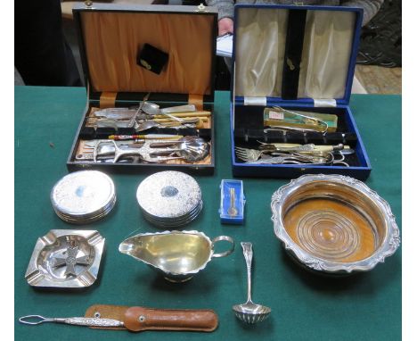 MIXED LOT OF SILVER PLATED WARE, FLATWARE AND NAZI CROSS, ETC. 
