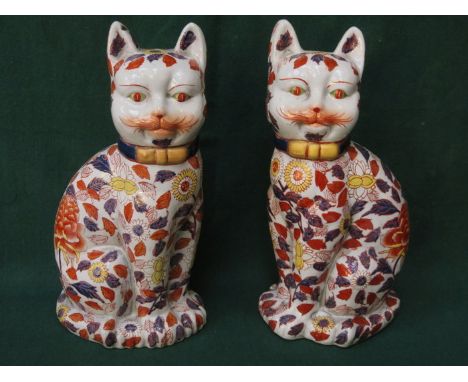 PAIR OF ORIENTAL, HANDPAINTED AND GILDED CERAMIC CATS, DECORATED IN THE IMARI PALATTE, APPROXIMATELY 37cm HIGH 