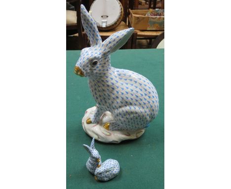 HEREND HUNGARY TWO GLAZED CERAMIC HARE/RABBIT FIGURES, APPROXIMATELY 30cm AND 9cm HIGH
