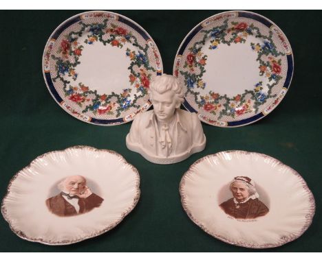 TWO PAIRS OF CERAMIC PLATES AND BUST OF MOZART 