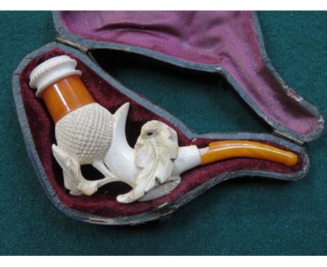 CASED HEAVILY CARVED AMBER MEERSCHAUM PIPE (AT FAULT) 
