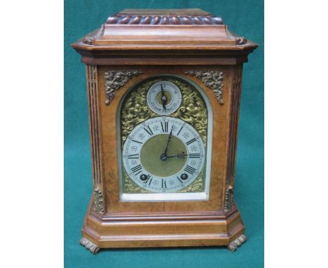 ANTIQUE WALNUT CASED BRACKET CLOCK WITH ORMOLU MOUNTS, BRASS DIAL AND EIGHT DAY MOVEMENT 