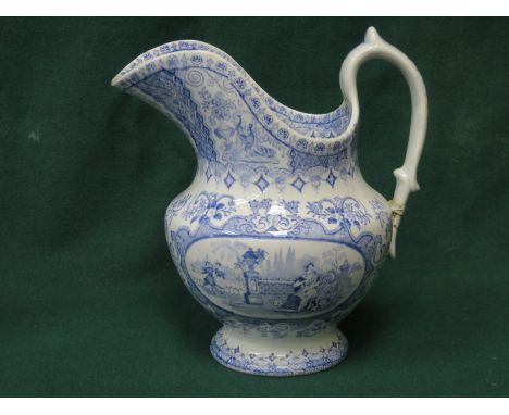 19th CENTURY BLUE AND WHITE TRANSFER DECORATION CERAMIC JUG, APPROXIMATELY 25cm HIGH