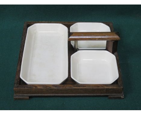 ART DECO STYLE OAK SERVING TRAY WITH CERAMIC LINERS