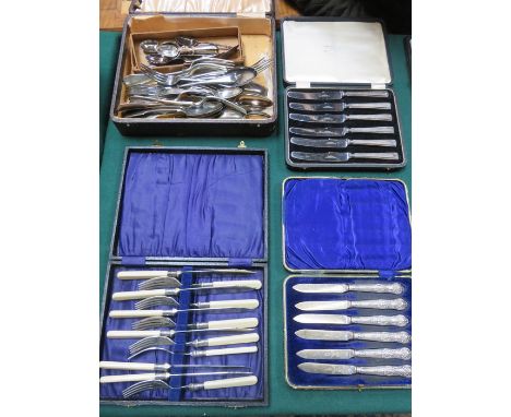 MIXED LOT OF CASED FLATWARE INCLUDING SILVER HANDLED KNIVES, ETC.