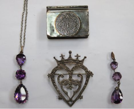 AMETHYST DROP PENDANT ON CHAIN, SILVER BROOCH, MEXICAN MAYAN STYLE STAMP CASE PLUS SINGLE AMETHYST DROP EARRING (ONE)