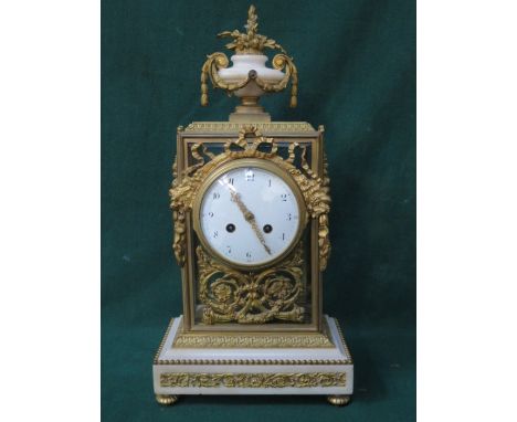 GOOD QUALITY FRENCH STYLE GILT METAL AND GLASS MANTEL CLOCK WITH CIRCULAR ENAMELLED DIAL, APPROXIMATELY 50cm HIGH 