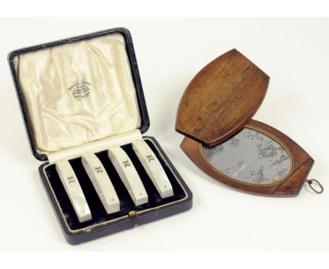 A FINE NUMBERED SET OF FOUR MOTHER OF PEARL NAPKIN RINGS, INITIALED 'R', CIRCA 1930, CASED AND A 19TH CENTURY MAHOGANY SLIDIN