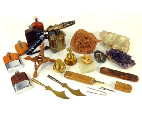 THREE VARIOUS MINERALS  INCLUDING A FINE AMETHYST SPECIMEN, A BRASS BLOW LAMP, FIVE CHROMIUM PLATE MOUNTED GLASS HIP FLASKS W